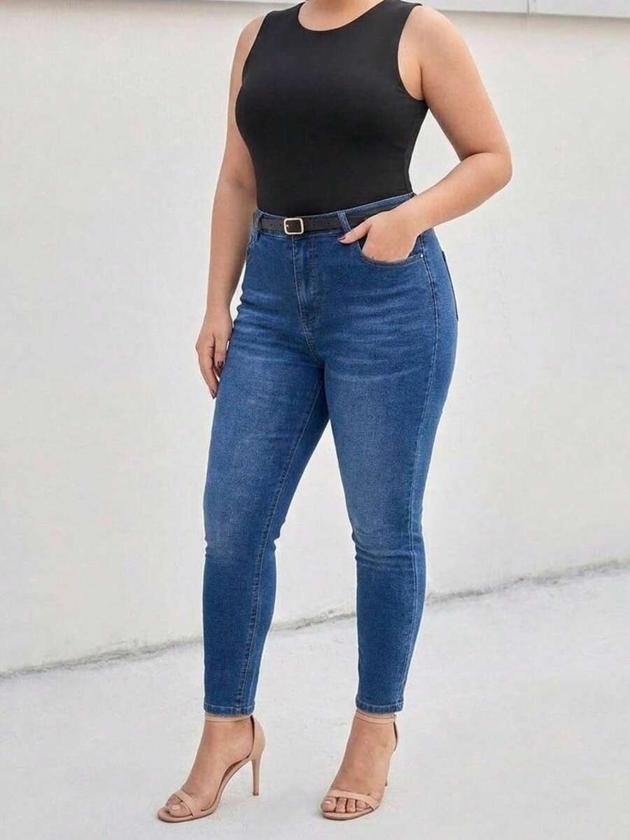 High Waist Tummy Tuck Skinny Plus Size Woman Denim Jean - Medium Wash - View 1