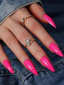 24pcs Medium Bright Pink Matte False Nails, Pointed Artificial Nail Tips, Full Coverage Stick-On Manicure Suitable For Women - Hot Pink - View 3