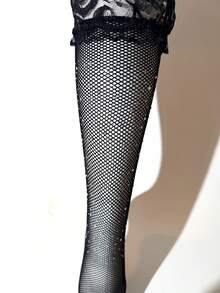 Medias altas de muslo de malla calada para mujer - Medias largas de malla calada sobre la rodilla, estilo de calle de moda - Negro - Ver 6