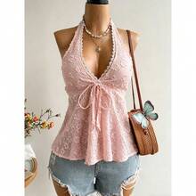 Espalda Descubierta Cuello en V Top Sin Mangas Estilo Bohemio Chic - Rosa - Ver 7
