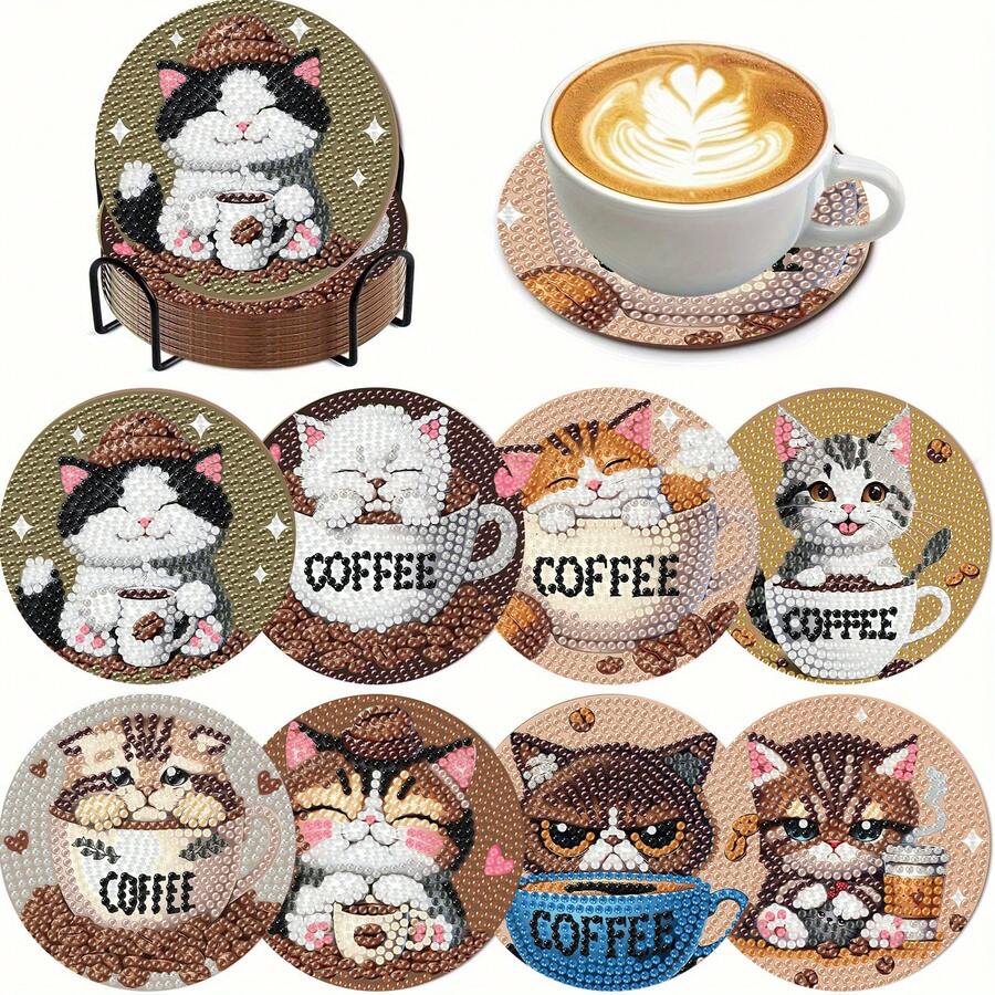 8件套咖啡猫钻石画杯垫套装，圆形亮面钻石，强力背胶，工具齐全，适合初学者，减压手工，新年、情人节、圣诞节、教师节礼物，家居装饰杯垫，送给家人、朋友、女朋友、老师