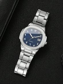 Bộ 3 đồng hồ nam, kiểu dáng cổ điển, mặt số vuông hiển thị số Ả Rập và lịch, đồng hồ đeo tay thạch anh (không kèm hộp đựng đồng hồ). - Bạc - Xem 10