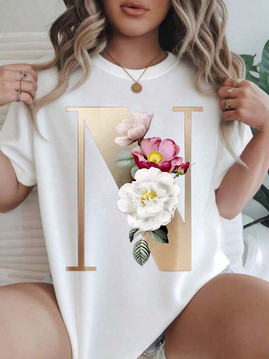 Women's Casual Short Sleeve T-Shirt - Gold Letter N Print With Floral Arrangement, Round Neck, Summer Top, Machine Washable, Ladies' T-Shirts, Casual Wear, Modern Style, Comfortable Fit
-White Blouses For Women Shirt - 白色 - 查看 1