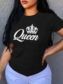 Round Neck T-Shirt With Queen Crown Print, Casual Short Sleeve T-Shirt For Spring And Summer, Women's Clothing - Black - View 1