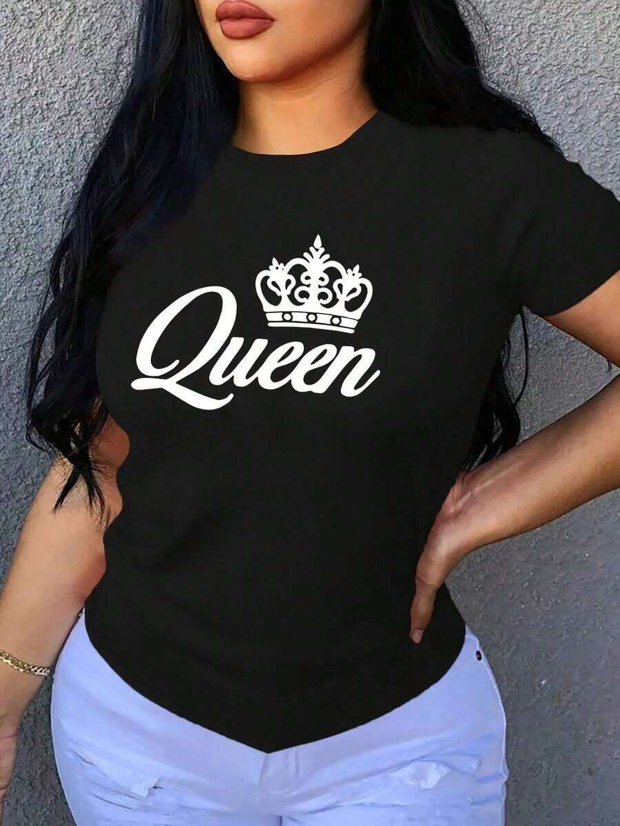 Round Neck T-Shirt With Queen Crown Print, Casual Short Sleeve T-Shirt For Spring And Summer, Women's Clothing - Black - View 1