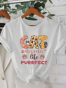 Women's 'Mama' Graphic T-Shirt - Casual, Short Sleeve, Crew Neck, Lightweight And Breathable For Spring And Summer, Machine Washable, Everyday Wear T-Shirt | Playful Cat Design | Comfortable Fit, Gifts For Cat Lovers - 白色 - 查看 6