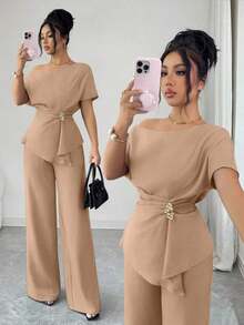 onjunto de primavera/verano para mujer con pantalón ancho de una sola manga con hebilla metálica en la cintura, adecuado para uso diario, bodas, galas, ir al trabajo, fiestas de graduación, vacaciones, citas, fiestas, Halloween, Navida - Albaricoque - Ver 8