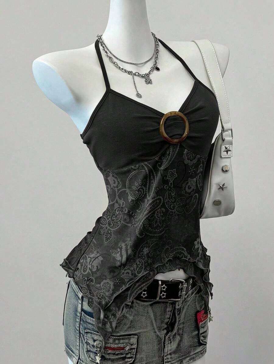 Blusa casual de mujer con cuello de corbata y estampado de anacardo, versátil para uso diario - Negro - Ver 1