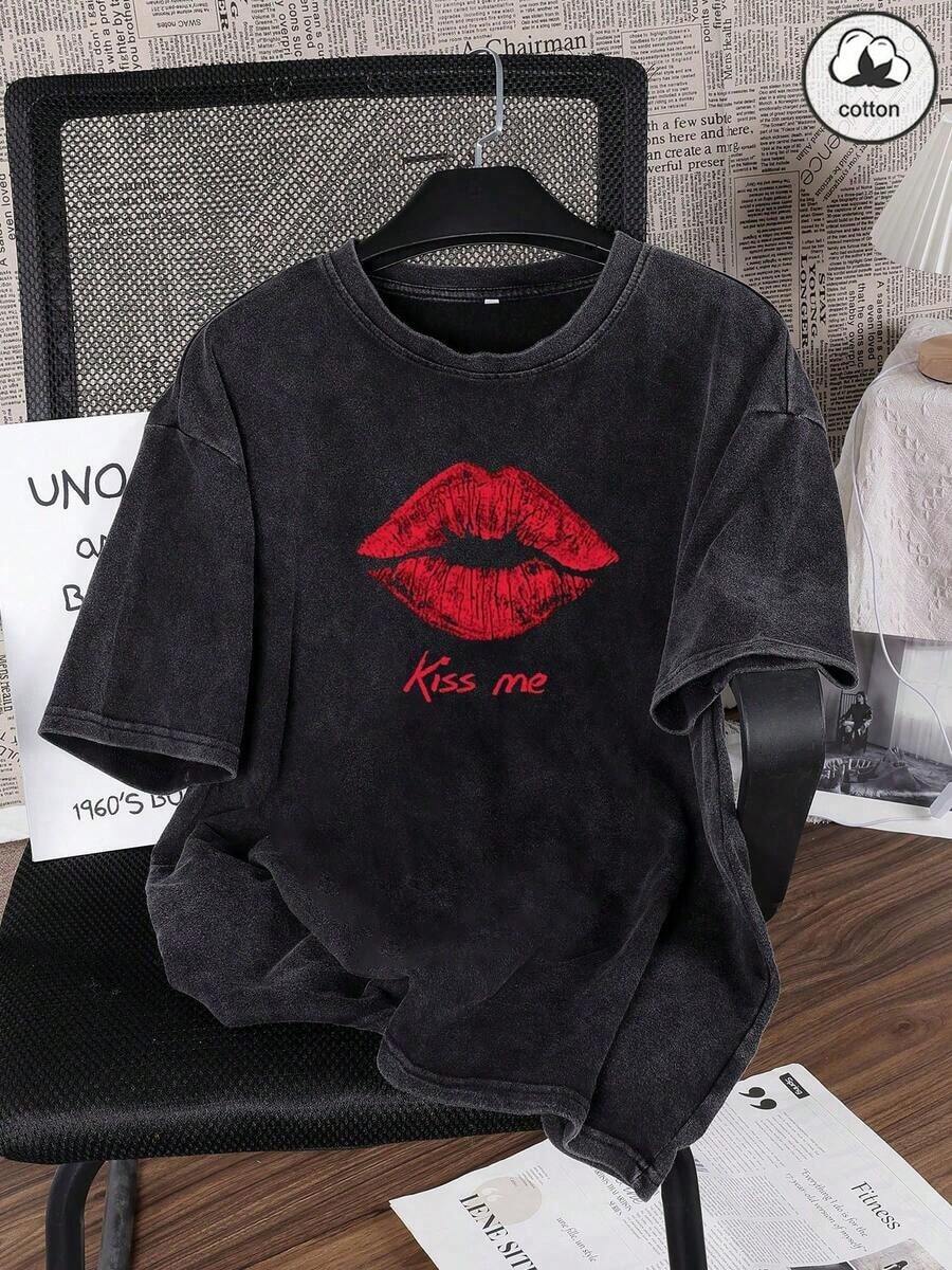 1 Piece Women's Cotton T-Shirt With Fun Lips And Letter Print, Urban Style, Comfortable, Retro Chic, Casual, Punk Style, Short Sleeve, Black, 180g, 100% Cotton - 黑色 - 查看 1