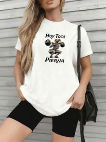 Women's Summer Casual Sports T-Shirt 2026, Short Sleeve Top With Round Neck And Creative Design, Fashionable Weightlifting Letter Design With Double-Sided Print, Stylish And Loose Fit, Slightly Stretchy And Soft Fabric, Casual Party Top, Suitable For Home, Office And Outdoor Commuting, Women's Pure Cotton Short Sleeve T-Shirt For All Seasons. - 白色 - 查看 4
