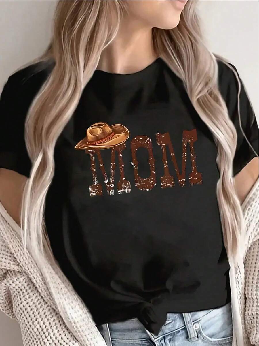 1 Short-Sleeved Polyester T-Shirt, Designed In A Western Style, Suitable For Casual Wear At Home Or In Restaurants, Lightweight And Durable, Ideal For Everyday Wear, With A Brown Hat Print And Eye-Catching Printed Text, 180g 100% Cotton. - 黑色 - 查看 1