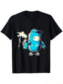 Women's 100% Cotton Printed Casual Design T-Shirt, Urban Art Spray Painted Character Pattern T-Shirt - 100% Pure Cotton, Crew Neck, Casual Style, Designed By Graffiti Artists, Black And Blue Style, Unisex, Suitable For Spring, Summer And Autumn (Regular Fit S-XXL) Summer Tops 2026 - 黑色 - 查看 7