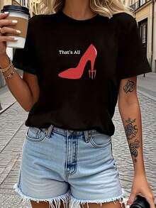 Women's T-Shirt With Red High Heel Print "Hot Girl" Style, New Summer T-Shirt, Casual, For Vacation, Short Sleeve And Round Neck, Suitable For Spring, Summer And Autumn, Machine Washable, New Women's Clothing, Versatile For Going Out, Women's Sports T-Shirts. - 黑色 - 查看 1