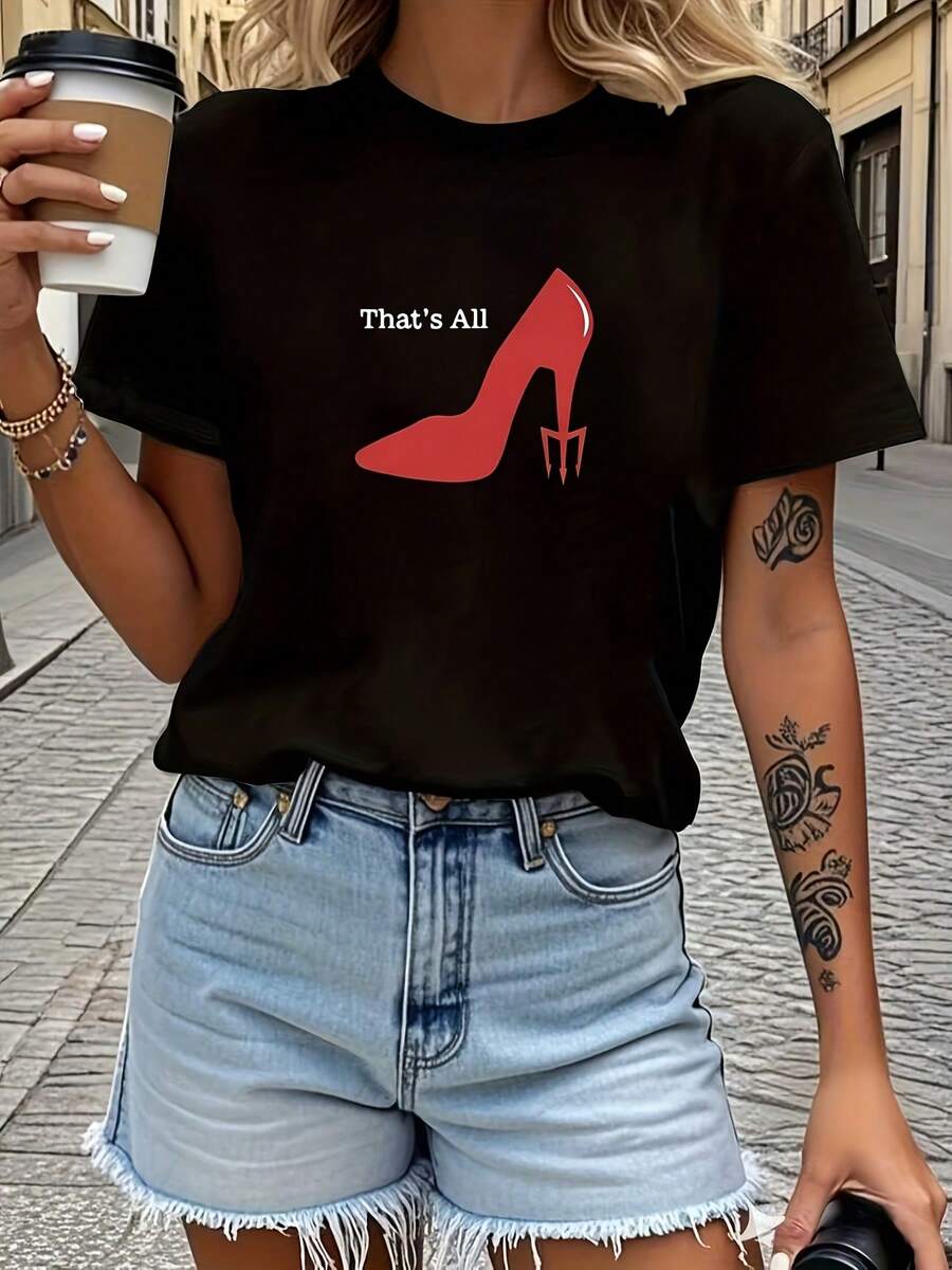 Women's T-Shirt With Red High Heel Print "Hot Girl" Style, New Summer T-Shirt, Casual, For Vacation, Short Sleeve And Round Neck, Suitable For Spring, Summer And Autumn, Machine Washable, New Women's Clothing, Versatile For Going Out, Women's Sports T-Shirts. - 黑色 - 查看 1
