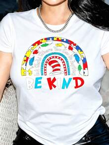 Versatile, Suitable For Streetwear, Everyday Outings, And Camping. Women's T-Shirt With A Fun And Colorful Design Featuring A Rainbow Cat Wearing A Hat And The Phrase "Be Kind." Its Inspirational Message And Playful Design Make It Perfect For Everyday Wear. (, Red Hat, Etc.) Perfect For Holiday Parties, Casual Outings, And Everyday Streetwear. Summer Wear. - 白色 - 查看 1