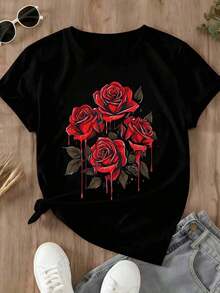 Women's Round Neck T-Shirt For Valentine's Day, With Red Rose Print, Casual Style For Everyday Wear And Romantic Occasions - Urban Vintage Style, Unisex, Cotton, Short Sleeve, Round Neck. - 黑色 - 查看 2