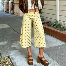 Women Casual Fold Over Loose Fit Capri Pant Leg Cropped Flowy Cotton Gaucho Pants Comfy Casual Yoga Coluttes Pajama Bottom Soft Comfortable Cropped Trouser Lounge Sleepwear Bottoms - 黃色 - 查看 4