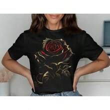 Camiseta de Rosas, Diseño Floral, Rosa Blanca, Contorno Dorado, Centro Rojo, Camiseta Elegante, Camiseta con Flores, Camiseta Artística, Regalo para Ella - Negro - Ver 1