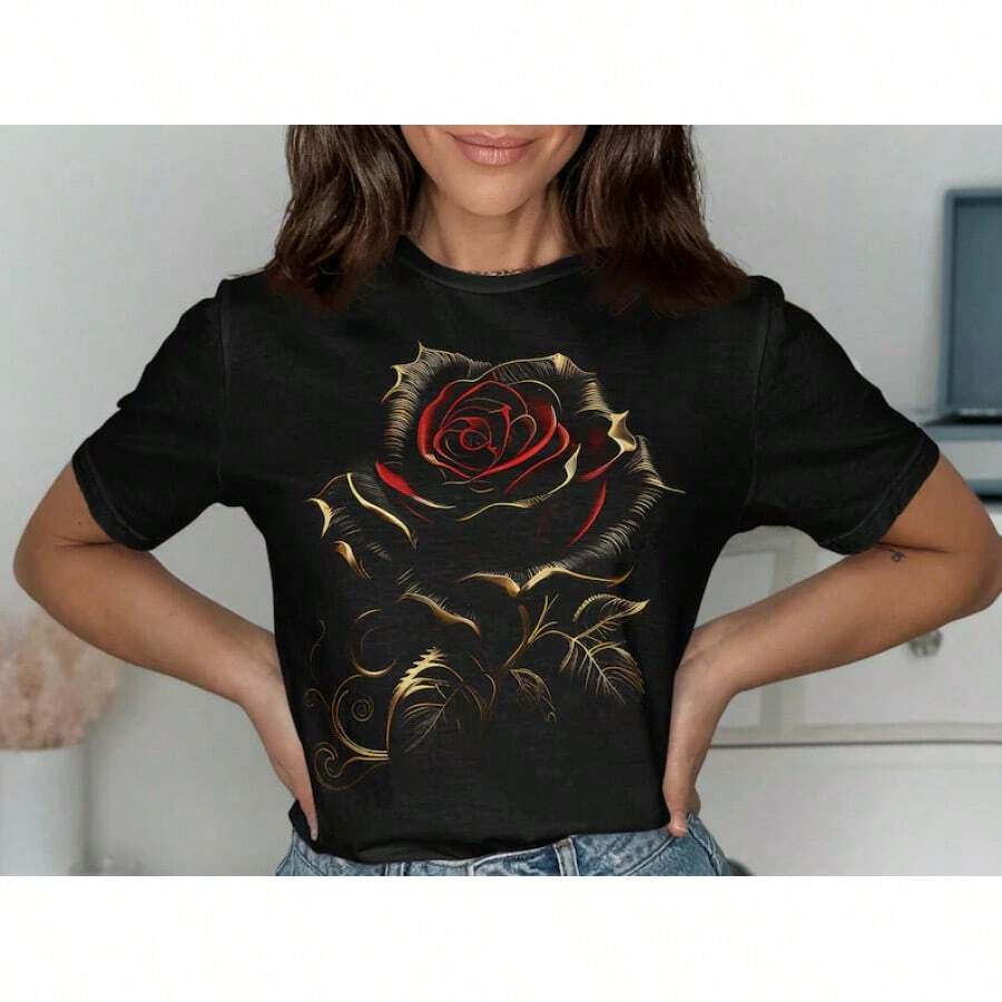 Camiseta de Rosas, Diseño Floral, Rosa Blanca, Contorno Dorado, Centro Rojo, Camiseta Elegante, Camiseta con Flores, Camiseta Artística, Regalo para Ella - Negro - Ver 1