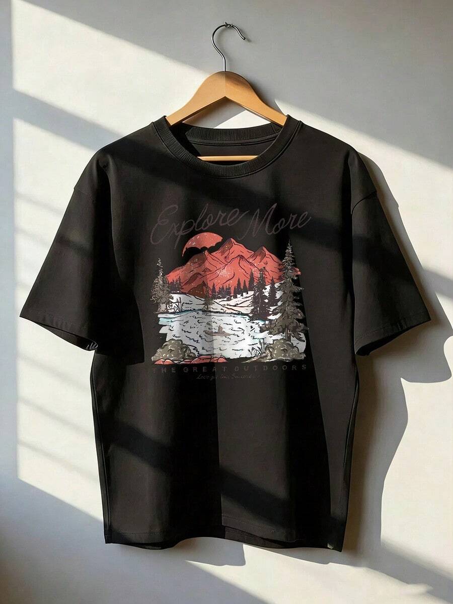 Retro And Adventurous Style Short-Sleeved T-Shirt, Short-Sleeved T-Shirt For Spring And Summer 2026, Made In Mexico, 180 Grams. Cartoon Print, Couple Design, Suitable For Indoor Or Outdoor Wear. Crew Neck, Unisex, Ideal For Office And Leisure. One-Pack. - BK-P631577SLNDXZGY563 - 查看 1