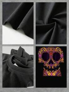 Colorful Skull Inspired By The Day Of The Dead With Guitars And Flowers Symbolizing Joy, Memory And Celebration Of Life. Casual And Comfortable Women's T-Shirt For Everyday Wear. - 黑色 - 查看 4