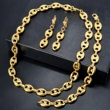 3件套粗链咖啡豆造型项链，女士款，18K镀金，日常佩戴饰品 - 金色 - 查看 1