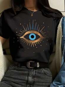 Camiseta de manga corta con cuello redondo y estampa de sol y luna para mujeres - Negro - Ver 10