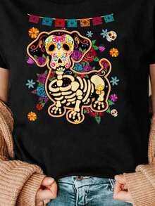Women's Summer T-Shirt With Oversized Print On  | Black | Sugar Skull Dog With Flowers And Bunting | Casual Short Sleeve Crew Neck T-Shirt | Fashionable Loose Fit And Comfortable | High-Quality Unisex Festival Gift | Spring And Summer Clothing | Sporty, Leisure, Breathable, Sweat-Absorbent | - 黑色 - 查看 1