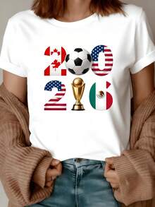 Flags Of Canada, The United States, And Mexico, Along With A Ball And Trophy, Symbolize Passion For Soccer, Unity, And Continental Pride. A Modern, Casual Women's T-Shirt For Sports Fans. - 白色 - 查看 8