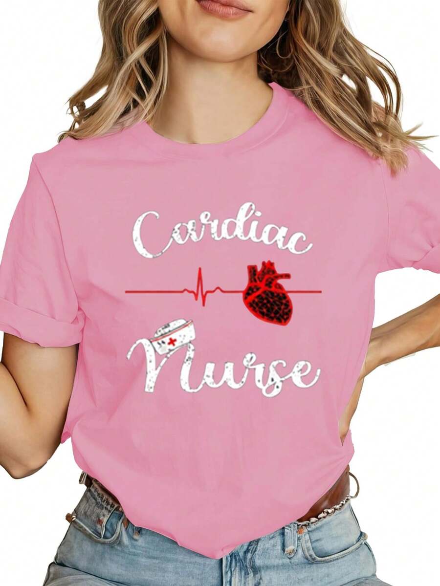 Comfortable And Stylish Women's T-Shirt Featuring A 'Nurse Heart, Heart Attack, Heartbeat, ECG, Text, And Heart Pattern' Design. Modern, Ideal For A Gift, Fashionable, Retro, Breathable, And Casual. Crew Neck, Regular Fit. Machine Washable. This Printed T-Shirt Is Suitable For All Occasions. SFON - 粉色 - 查看 1