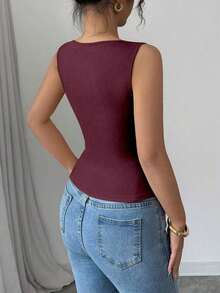 Camiseta sin mangas de verano ajustada de cuello cuadrado de unicolor elegante y casual para mujer - Burdeos - Ver 2