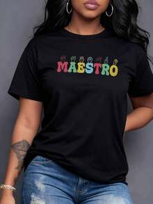 MAESTRO con puños alzados letras vibrantes encarna fuerza conocimiento dedicación educadores homenaje a labor transformadora que moldea mentes forja futuros pasión sabiduría gratitud respeto vital Camiseta de mujer 100% algodón,Manga corta casual. - Negro - Ver 7