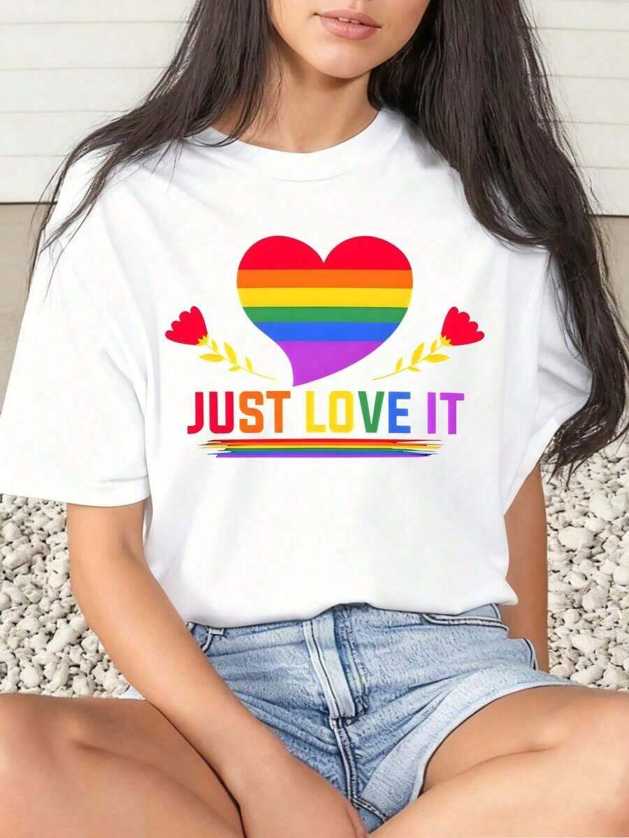 1 Piece Women's T-Shirt With Rainbow Heart Print "Just Love It", Casual For Everyday Wear, Round Neck, Short Sleeve, Soft And Comfortable, 220 G/M², 180 G, 100% Cotton - 白色 - 查看 1