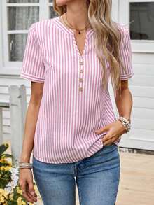 Blusa casual de mujer con escote de ojo de cerradura a rayas - Rosa - Ver 5