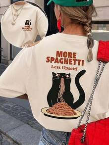 Vintage 2-Piece, Lightweight, Soft And Comfortable Short-Sleeved Fitted T-Shirts, Urban INS Style, Pinterest Aesthetic, Funny Black Cat Print "More Pasta, Less Stress", Cream Color, Casual Summer Tops. - White - View 5