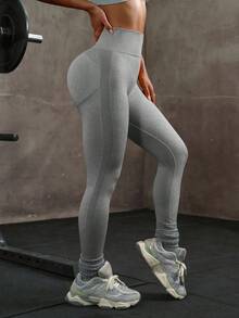 sin costuras de cintura alta de unicolor para uso diario, fitness y yoga para mujeres - Gris Claro 2 - Ver 4