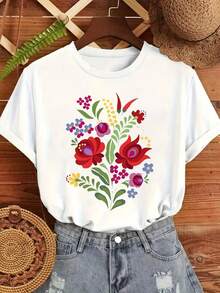 Women's Short-Sleeved Athletic T-Shirt With Directional Floral Print, Stylish, Casual, Comfortable, Ribbed Mandarin Collar, Double Shoulder, Stitching, Ideal For Spring And Summer Wear - Comfortable - 白色 - 查看 1