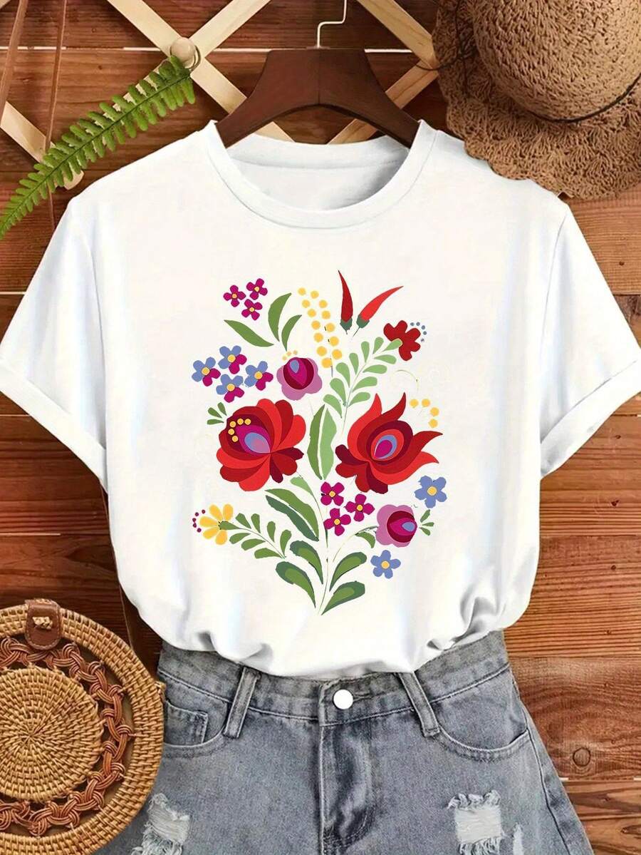 Women's Short-Sleeved Athletic T-Shirt With Directional Floral Print, Stylish, Casual, Comfortable, Ribbed Mandarin Collar, Double Shoulder, Stitching, Ideal For Spring And Summer Wear - Comfortable - 白色 - 查看 1