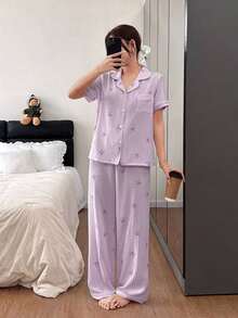 Conjunto de pijama para mujer con estampado de lazo a rayas en rosa, de manga corta y cuello solapa - Morado - Ver 6