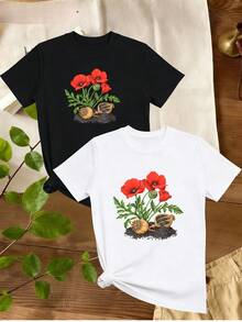 Women's T-Shirts, Women's T-Shirts, Casual One-Piece T-Shirt With Floral And Seed Print, Comfortable And Breathable, Suitable For Everyday Wear,  And Versatile Top [One-Piece Set]. # ] - 1件黑色隨機圖案 - 查看 1