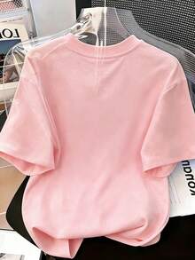 Women's 100% Cotton T-Shirt For Summer & Autumn, Printed Pattern, Loose Casual Sports Style, Vacation And Holiday - Light Peach Pink - View 2