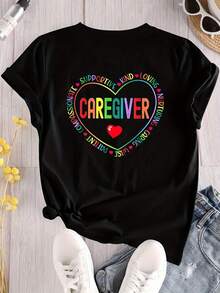 We Are Caregivers And We Love Our Work Plus Size Women's Short Sleeve T-Shirt - Heartfelt Positive Attribute Design, Soft And Breathable Fabric, Casual Spring/Summer Top, Machine Washable, Comfortable Everyday Wear | Vibrant Graphic Tee | Relaxed Fit Shirt - 黑色 - 查看 1