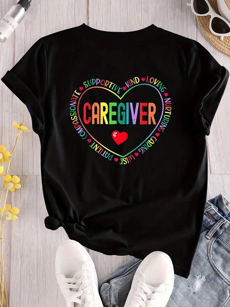We Are Caregivers And We Love Our Work Plus Size Women's Short Sleeve T-Shirt - Heartfelt Positive Attribute Design, Soft And Breathable Fabric, Casual Spring/Summer Top, Machine Washable, Comfortable Everyday Wear | Vibrant Graphic Tee | Relaxed Fit Shirt - 黑色 - 查看 1