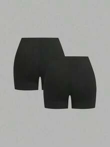 2 piezas Leggings básicos casuales de unicolor para mujer de talla grande, aptos para el verano - Negro 2 - Ver 2
