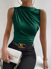 Camiseta sin mangas de corte slim con pliegues de unicolor minimalista para uso diario en verano para mujeres - Verde Oscuro - Ver 9