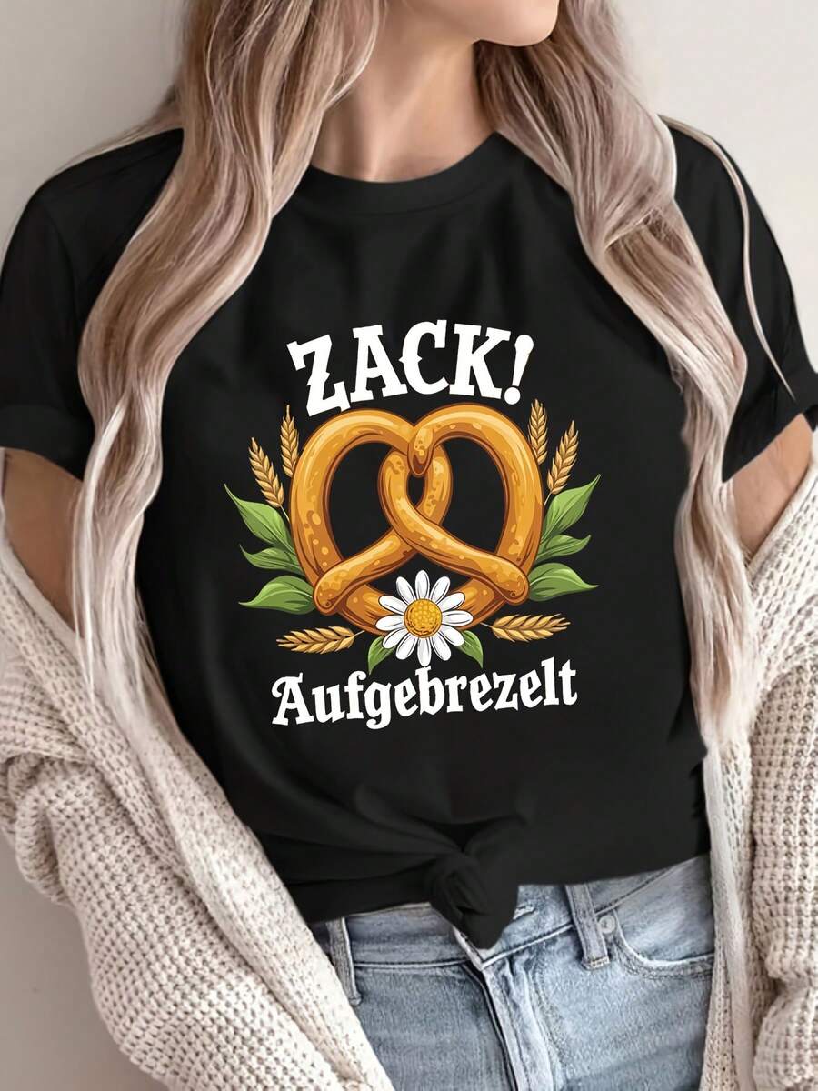 Plus Size, Women's Casual Short Sleeve Crew Neck T-Shirt "ZACK! Aufgebrezelt" Picnic And Snacks Theme - Pretzel Print, Salt Shaker And Pretzel Roll For Spring And Summer Outfits (Machine Washable) - 黑色 - 查看 1