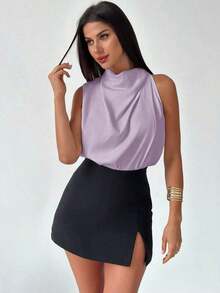 Blusa asimétrica plisada de color albaricoque, elegante y de moda para uso diario, oficina, vacaciones y festivales de música, primavera/verano - Morado Violeta - Ver 5