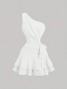 Vestido romántico y soñador en azul, con dobladillo asimétrico y ribete de volantes, apropiado para citas, fiestas, vacaciones, meriendas y ocasiones de cumpleaños - Blanco - Ver 1