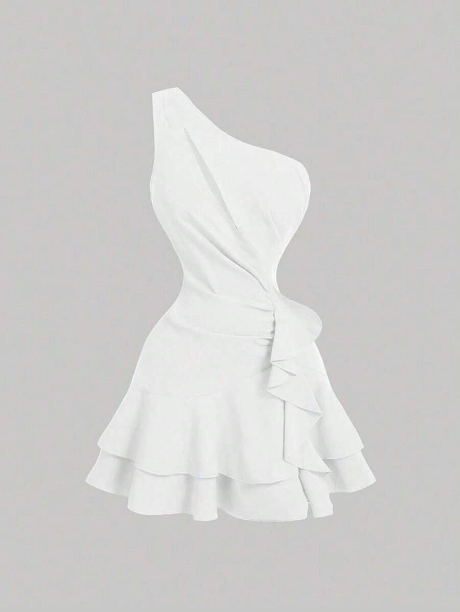 Vestido romántico y soñador en azul, con dobladillo asimétrico y ribete de volantes, apropiado para citas, fiestas, vacaciones, meriendas y ocasiones de cumpleaños - Blanco - Ver 1