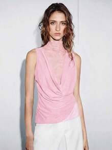 Camiseta sin mangas sexy con cuello drapeado de malla transparente, volantes y bajo asimétrico para mujer, nueva colección primavera/verano - Rosa Pálido - Ver 4